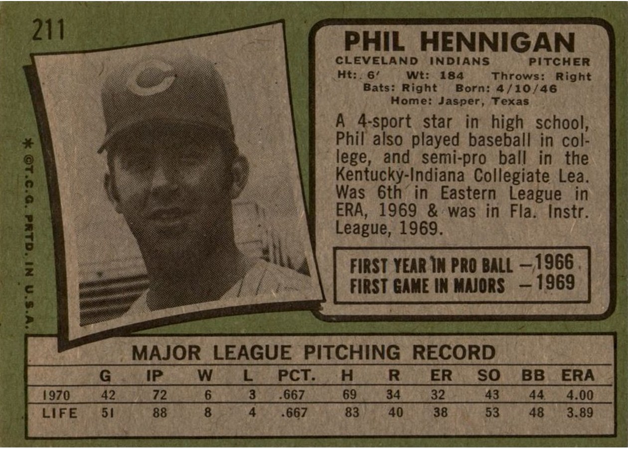 1971 Topps #211 Phil Hennigan card back