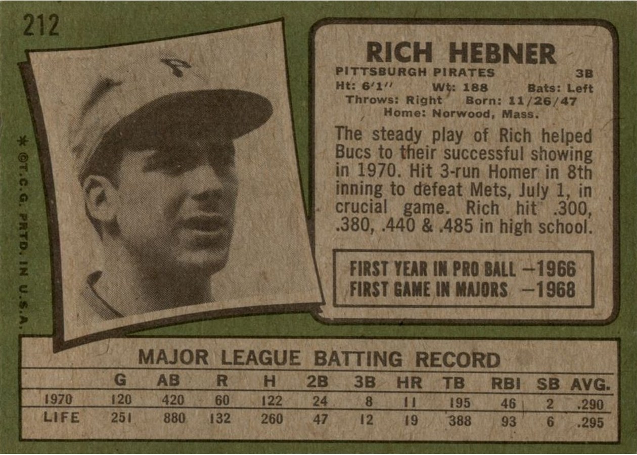 1971 Topps #212 Rich Hebner card back