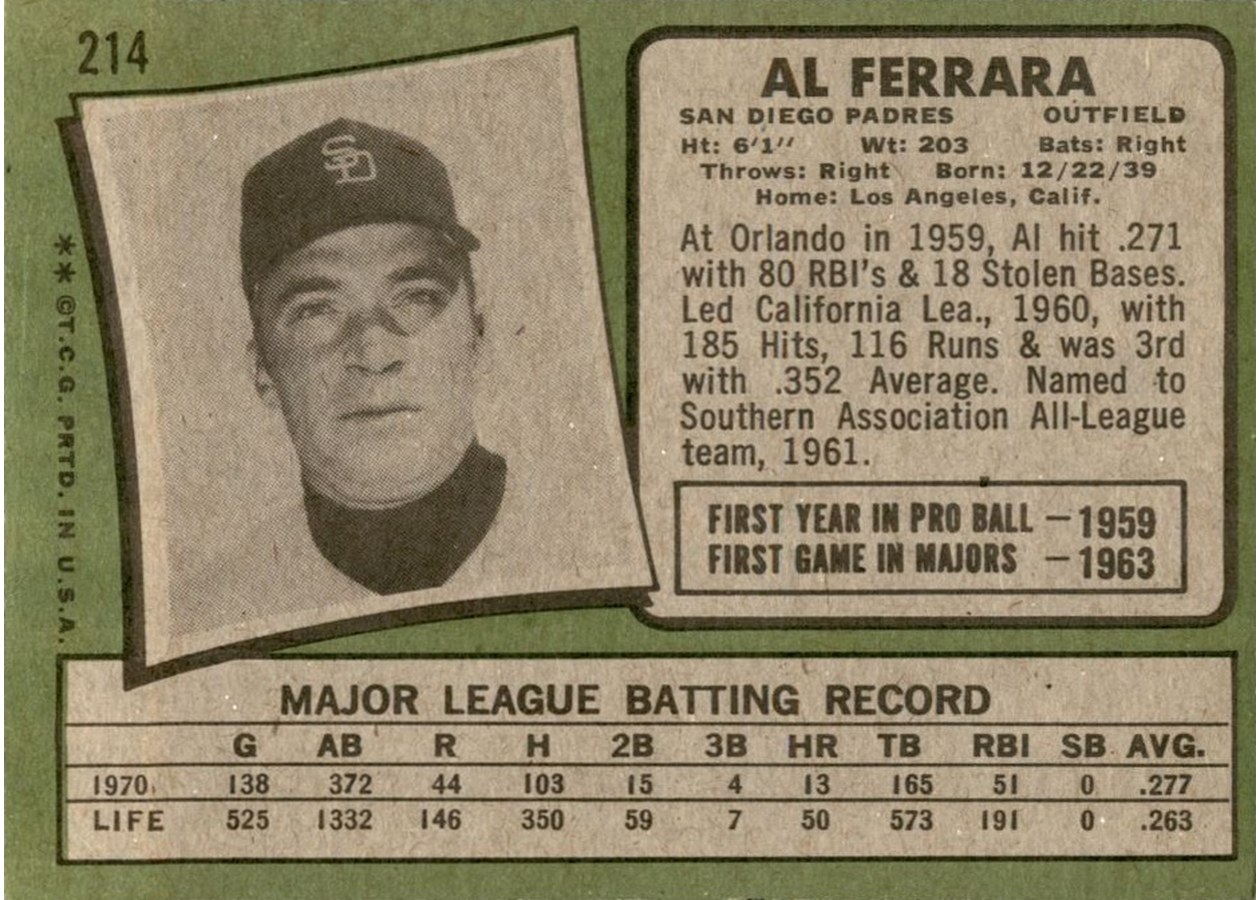 1971 Topps #214 Al Ferrara card back