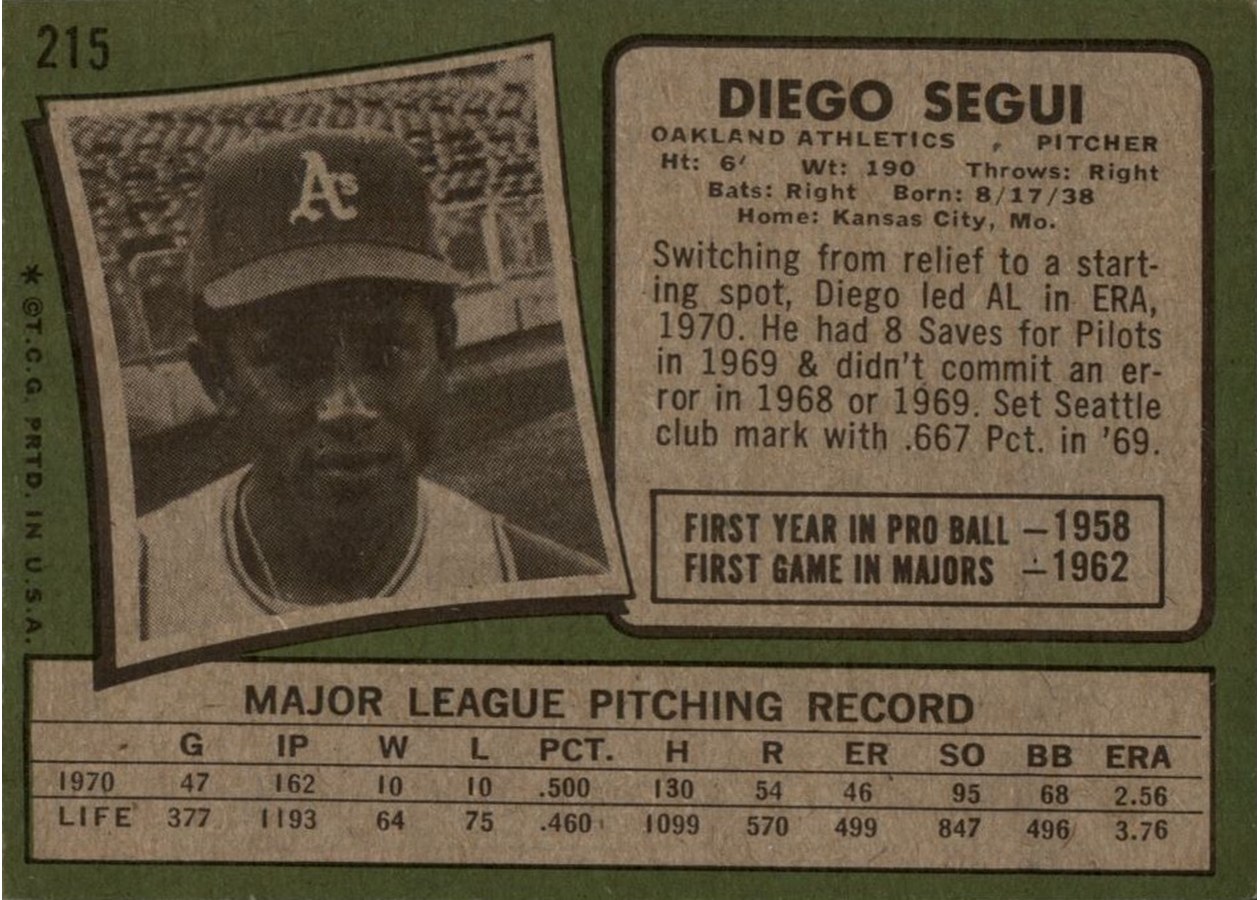 1971 Topps #215 Diego Segui card back