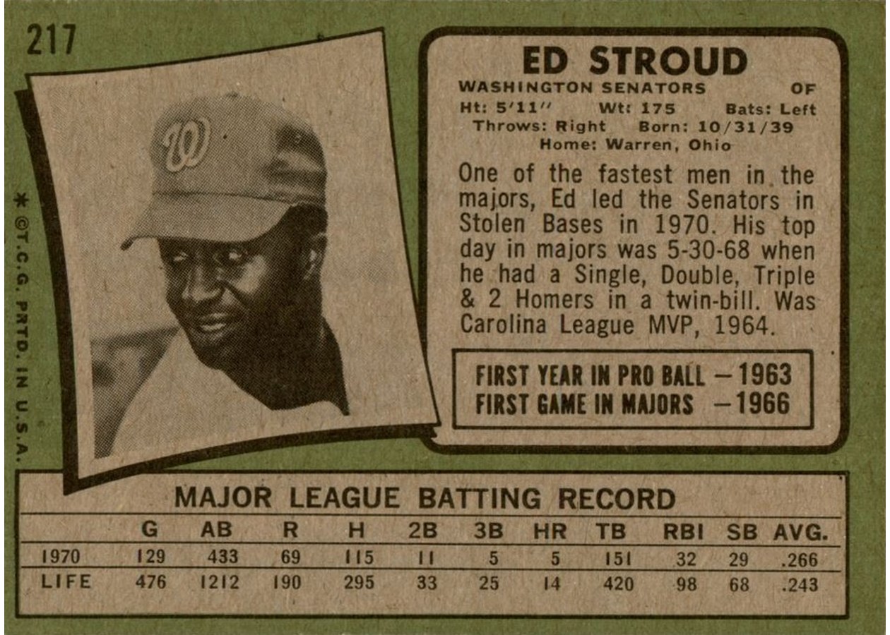1971 Topps #217 Ed Stroud card back