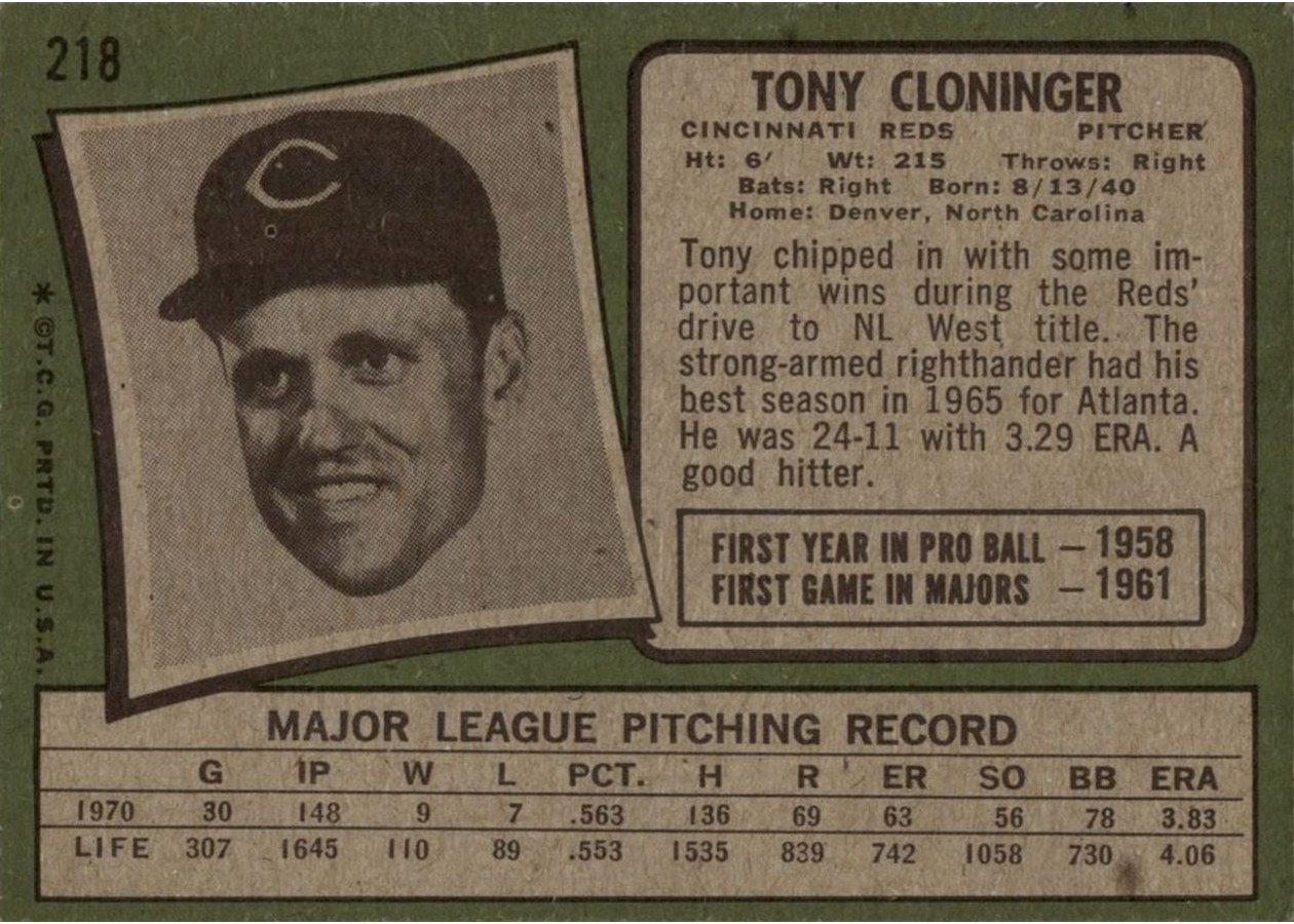 1971 Topps #218 Tony Cloninger card back