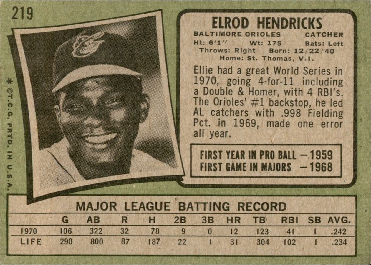1971 Topps #219 Elrod Hendricks card back