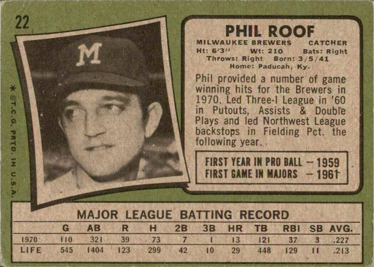 1971 Topps #22 Phil Roof card back
