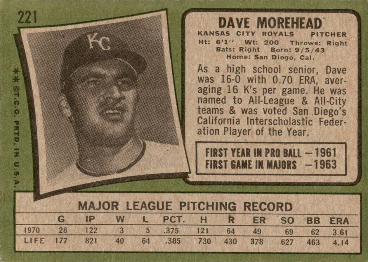 1971 Topps #221 Dave Morehead card back