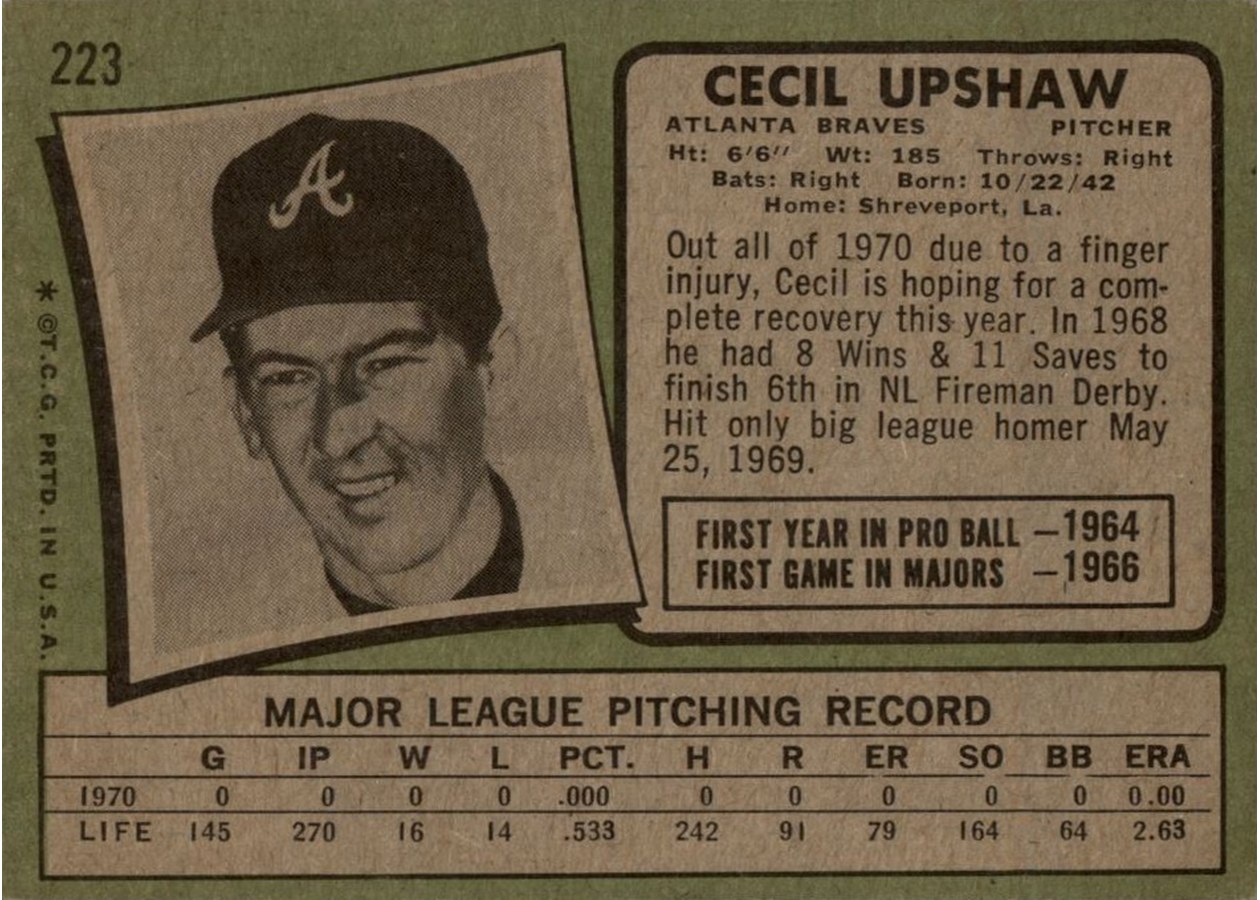 1971 Topps #223 Cecil Upshaw card back
