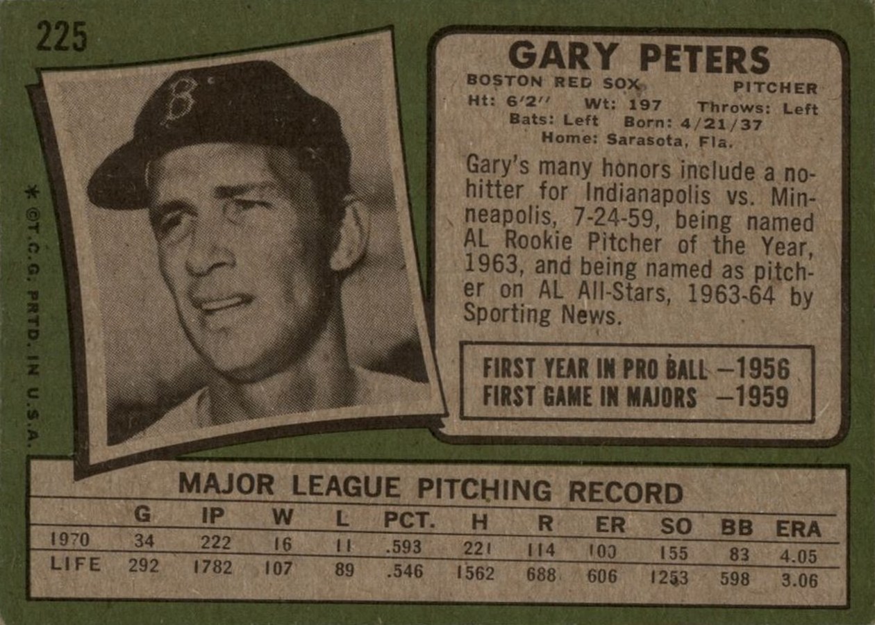 1971 Topps #225 Gary Peters card back