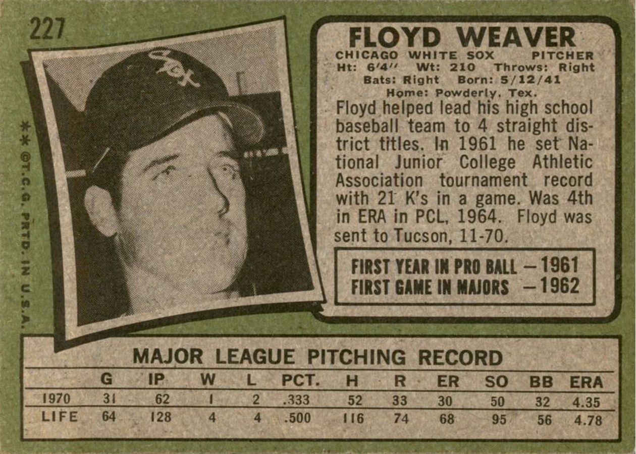 1971 Topps #227 Floyd Weaver card back