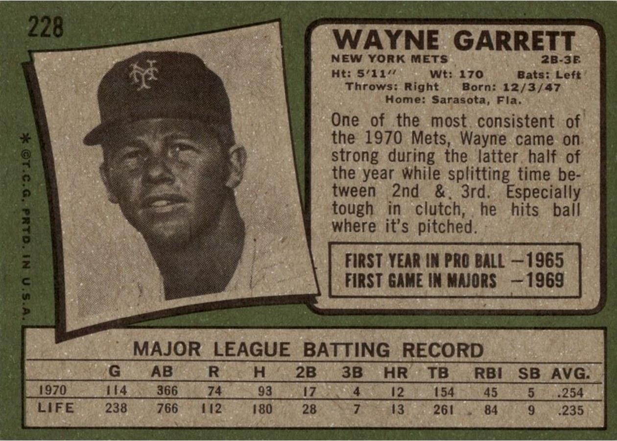 1971 Topps #228 Wayne Garrett card back