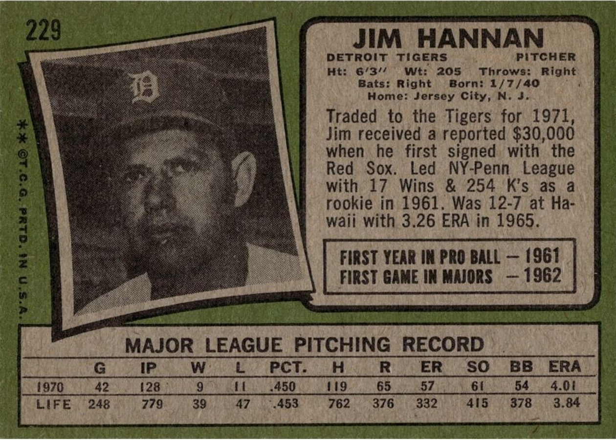 1971 Topps #229 Jim Hannan card back
