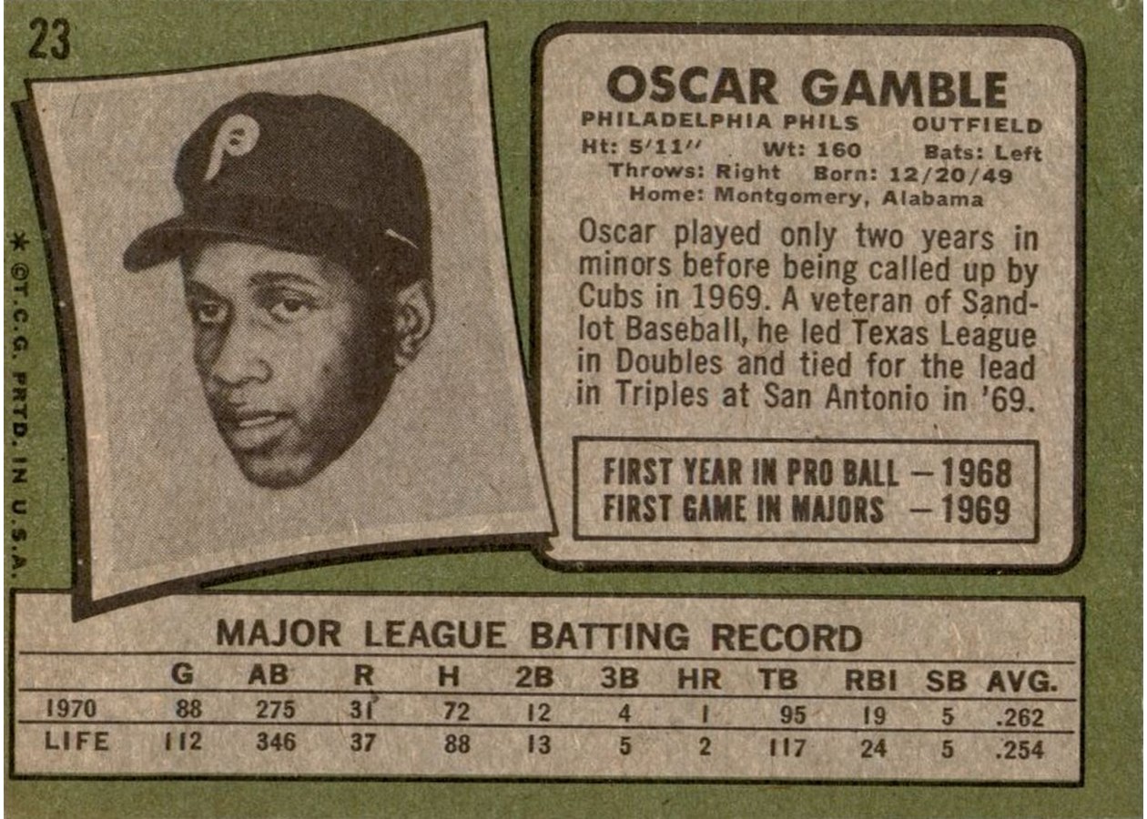 1971 Topps #23 Oscar Gamble card back