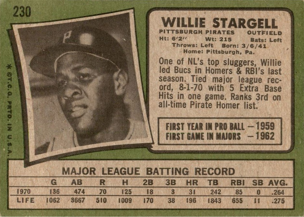 1971 Topps #230 Willie Stargell card back