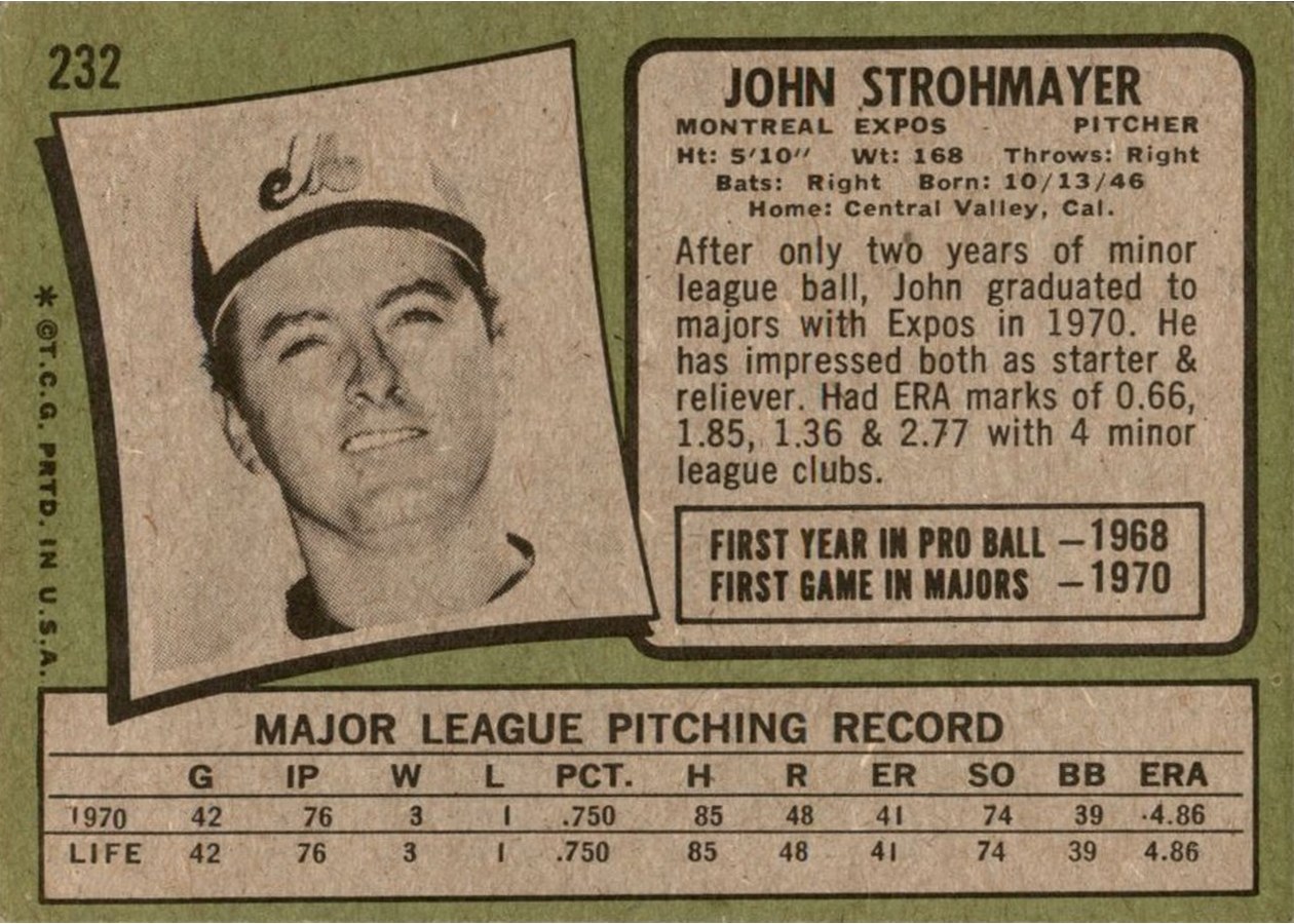1971 Topps #232 John Strohmayer card back