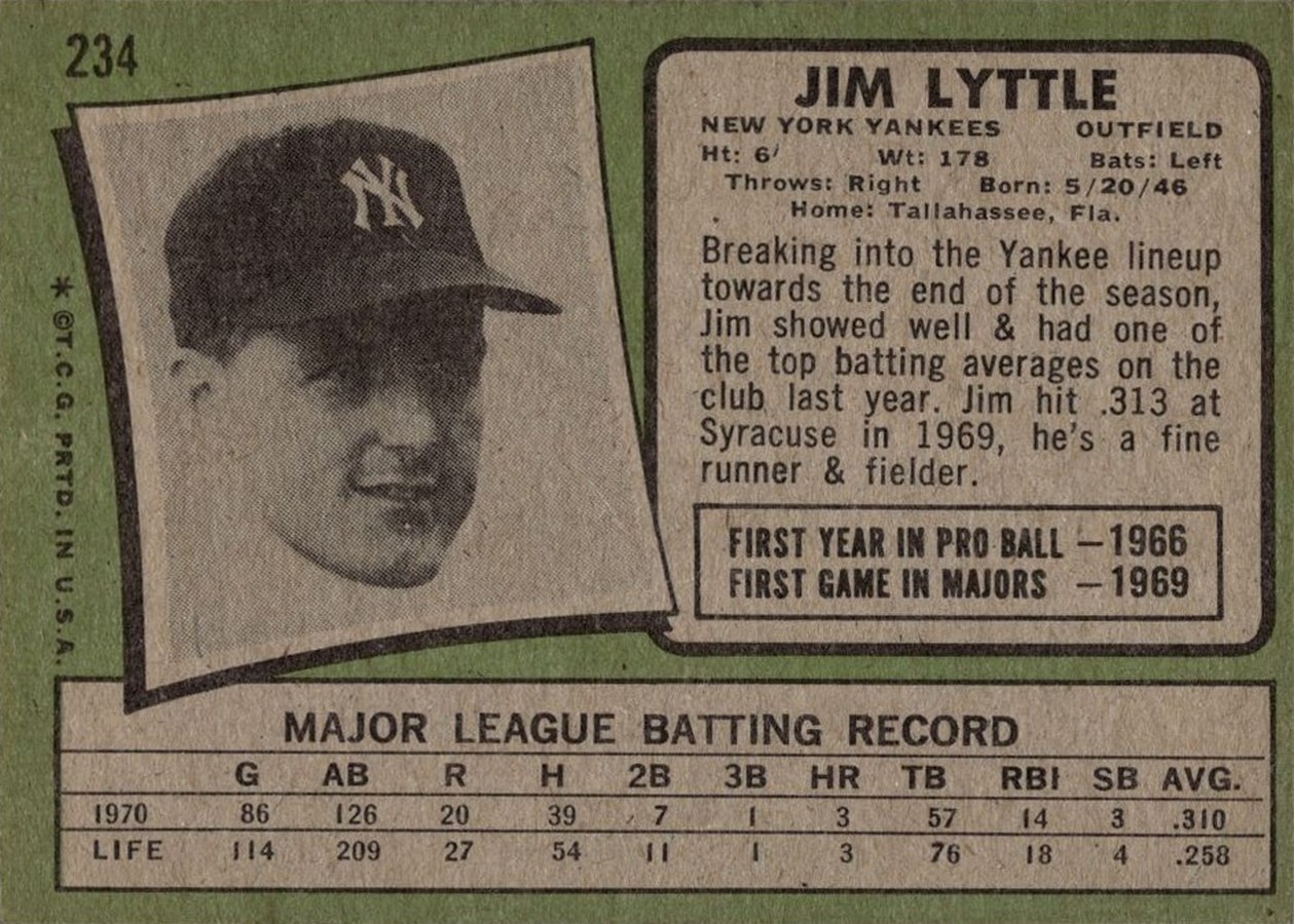1971 Topps #234 Jim Lyttle card back