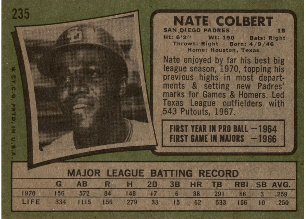 1971 Topps #235 Nate Colbert card back