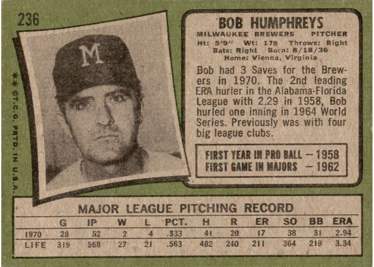 1971 Topps #236 Bob Humphreys card back