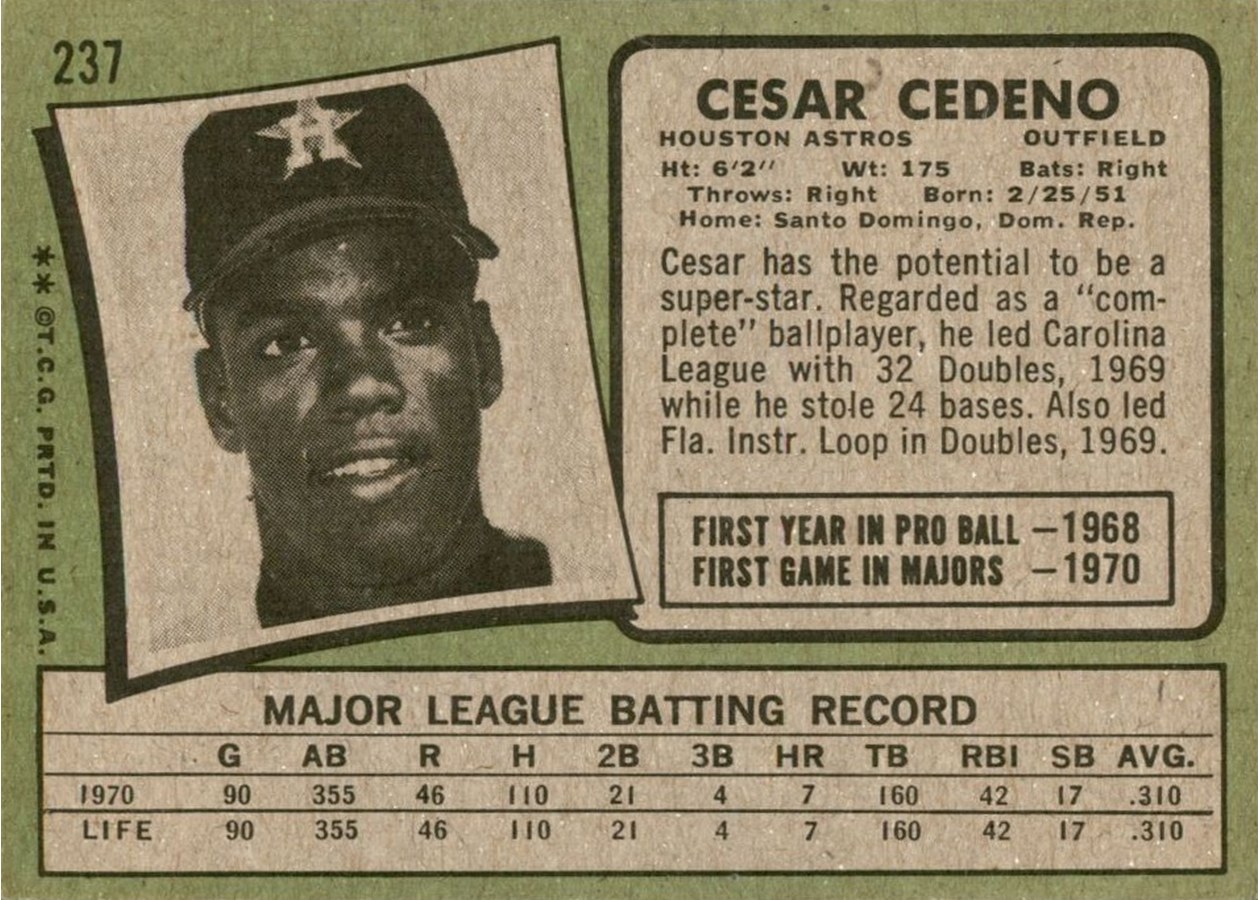1971 Topps #237 Cesar Cedeno card back