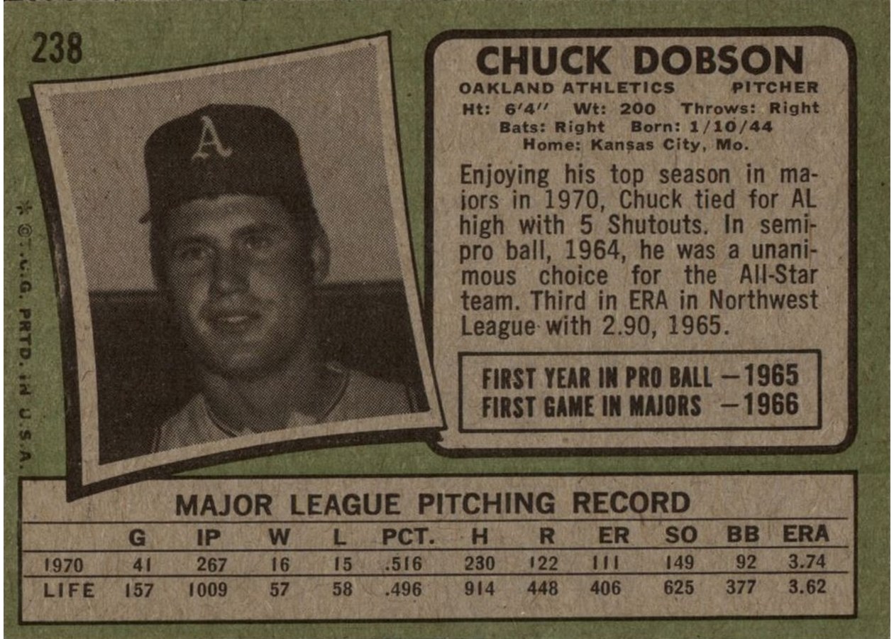 1971 Topps #238 Chuck Dobson card back