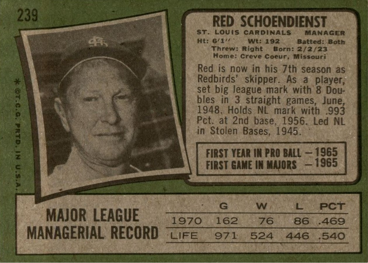 1971 Topps #239 Red Schoendienst card back