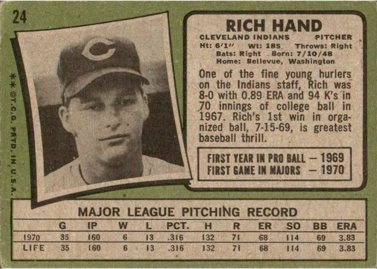 1971 Topps #24 Rich Hand card back