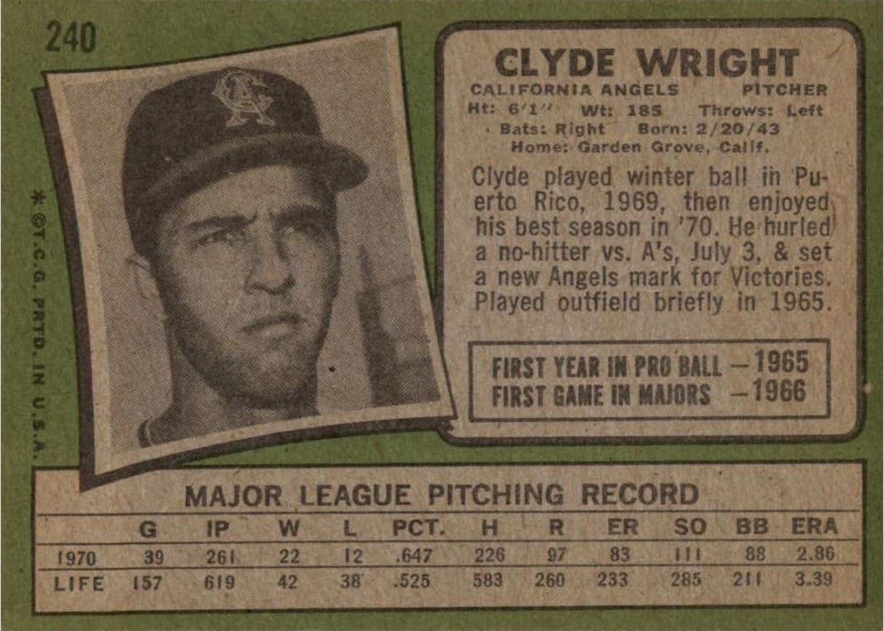 1971 Topps #240 Clyde Wright card back