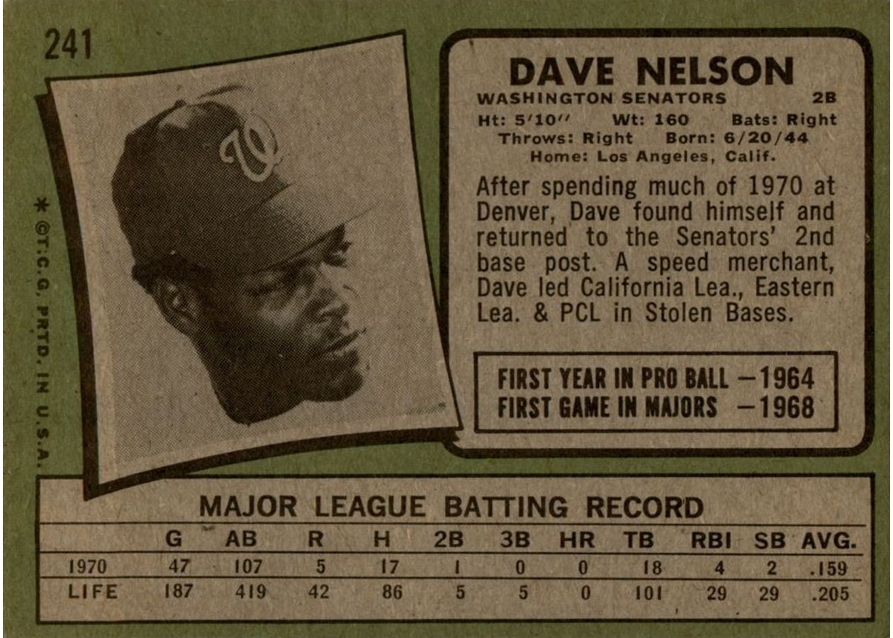 1971 Topps #241 Dave Nelson card back