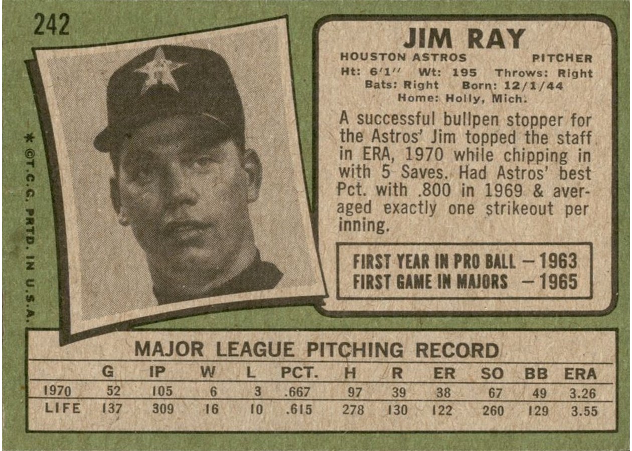 1971 Topps #242 Jim Ray card back