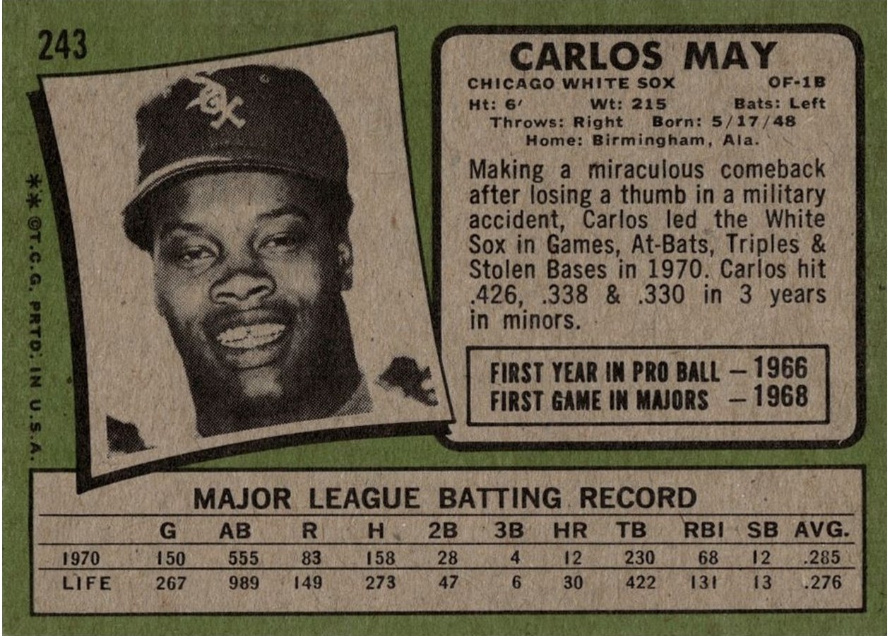 1971 Topps #243 Carlos May card back