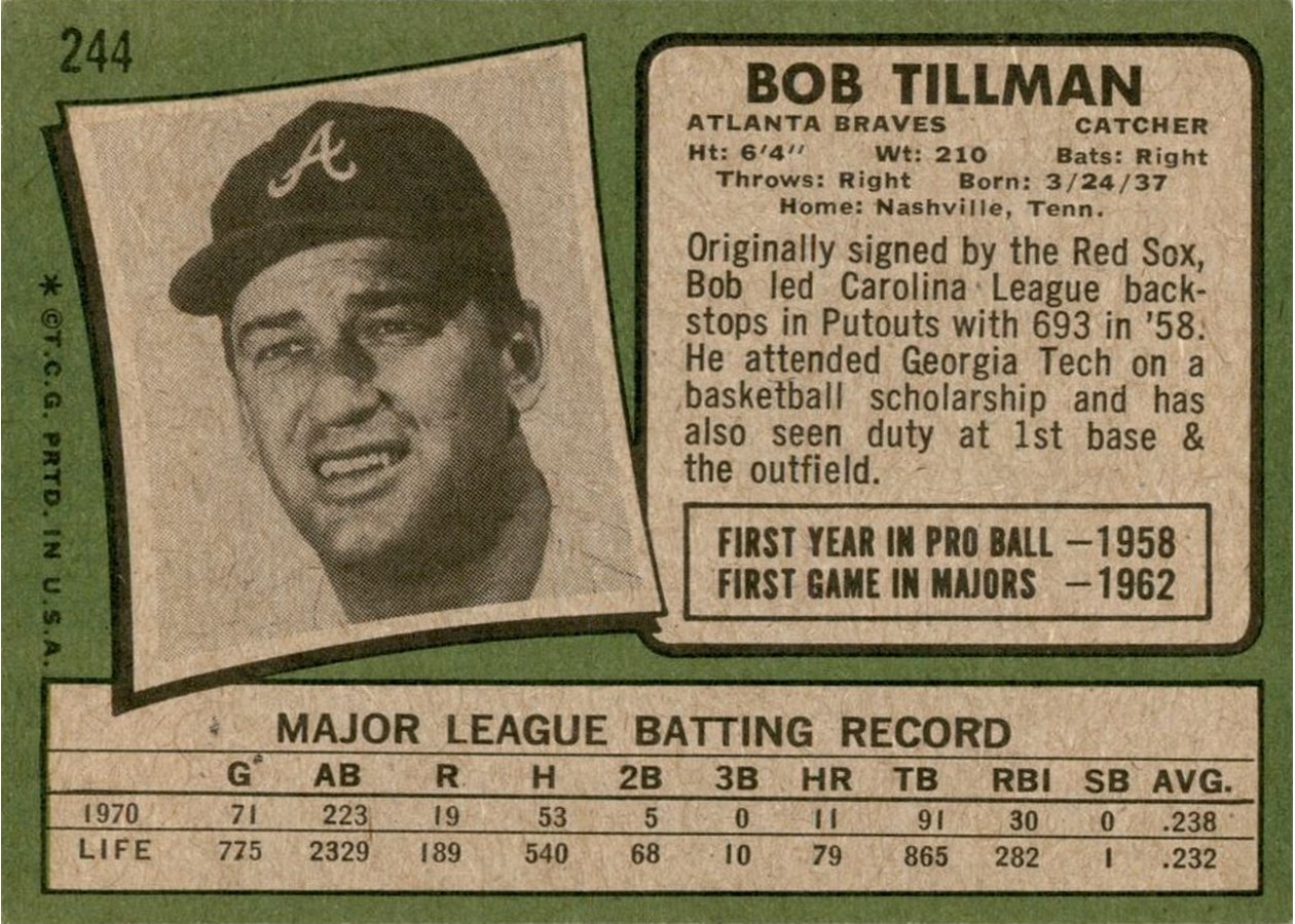 1971 Topps #244 Bob Tillman card back