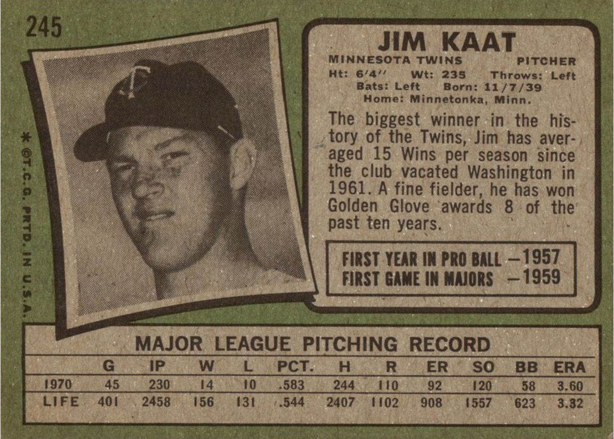1971 Topps #245 Jim Kaat card back