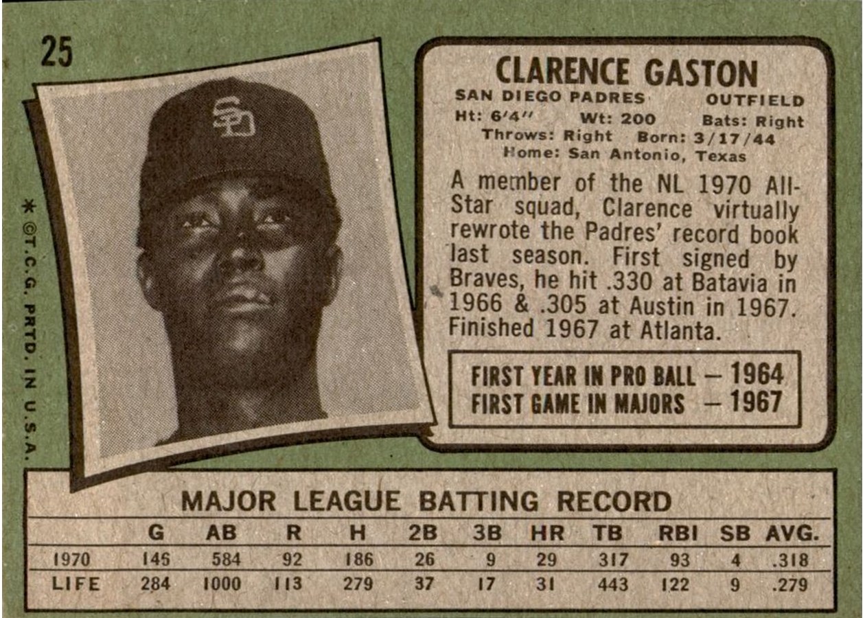 1971 Topps #25 Clarence Gaston card back