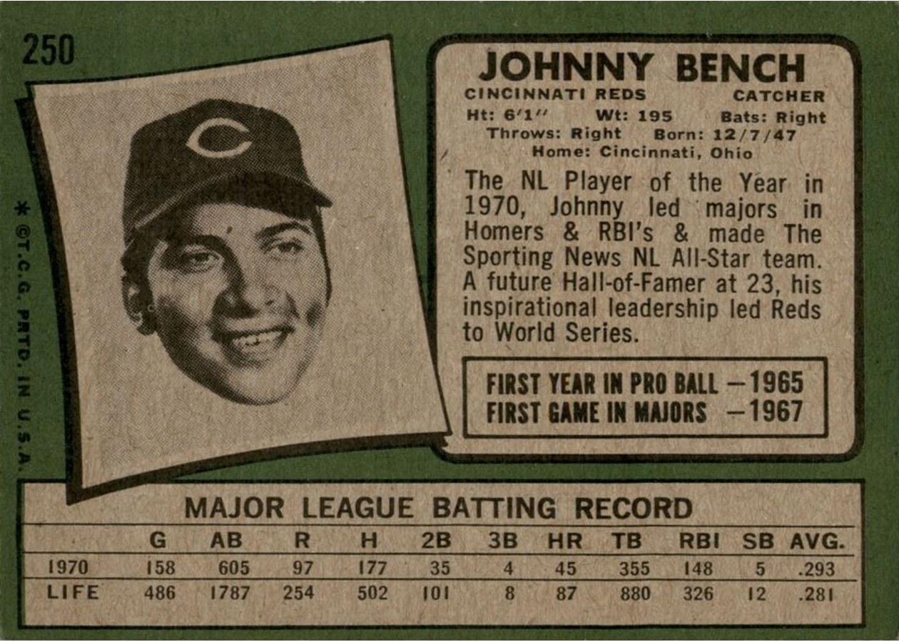 1971 Topps #250 Johnny Bench card back