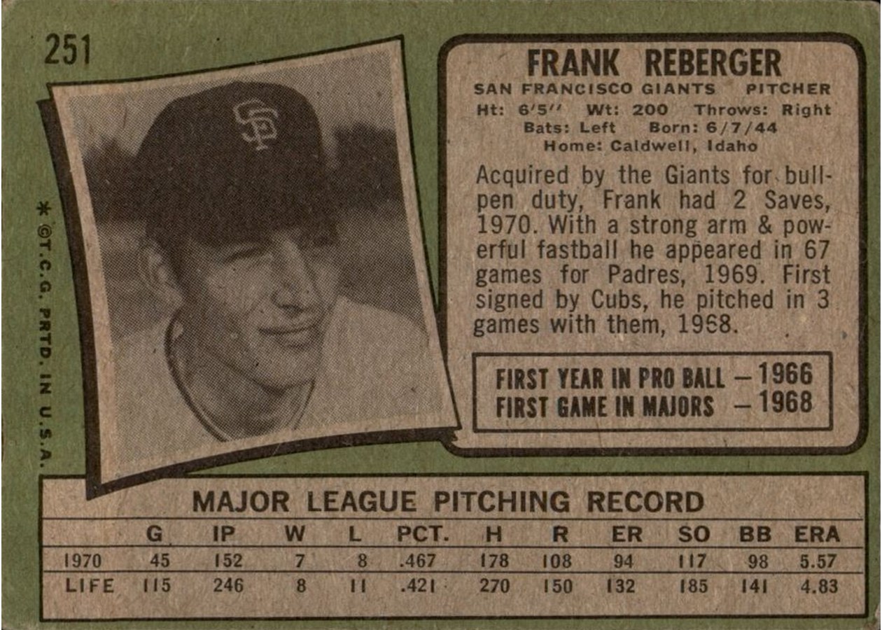 1971 Topps #251 Frank Reberger card back