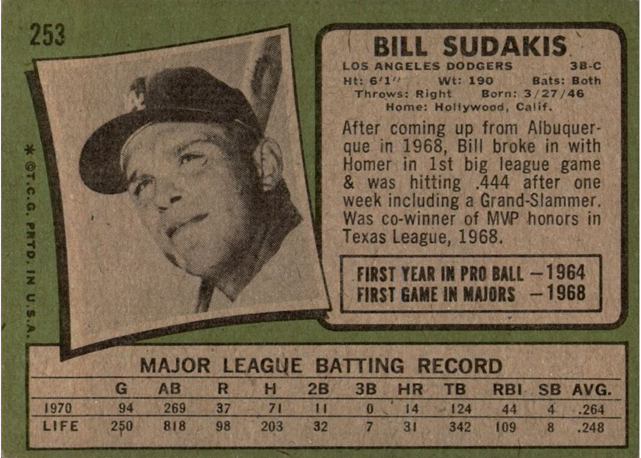 1971 Topps #253 Bill Sudakis card back
