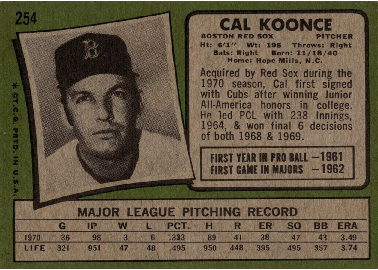 1971 Topps #254 Cal Koonce card back