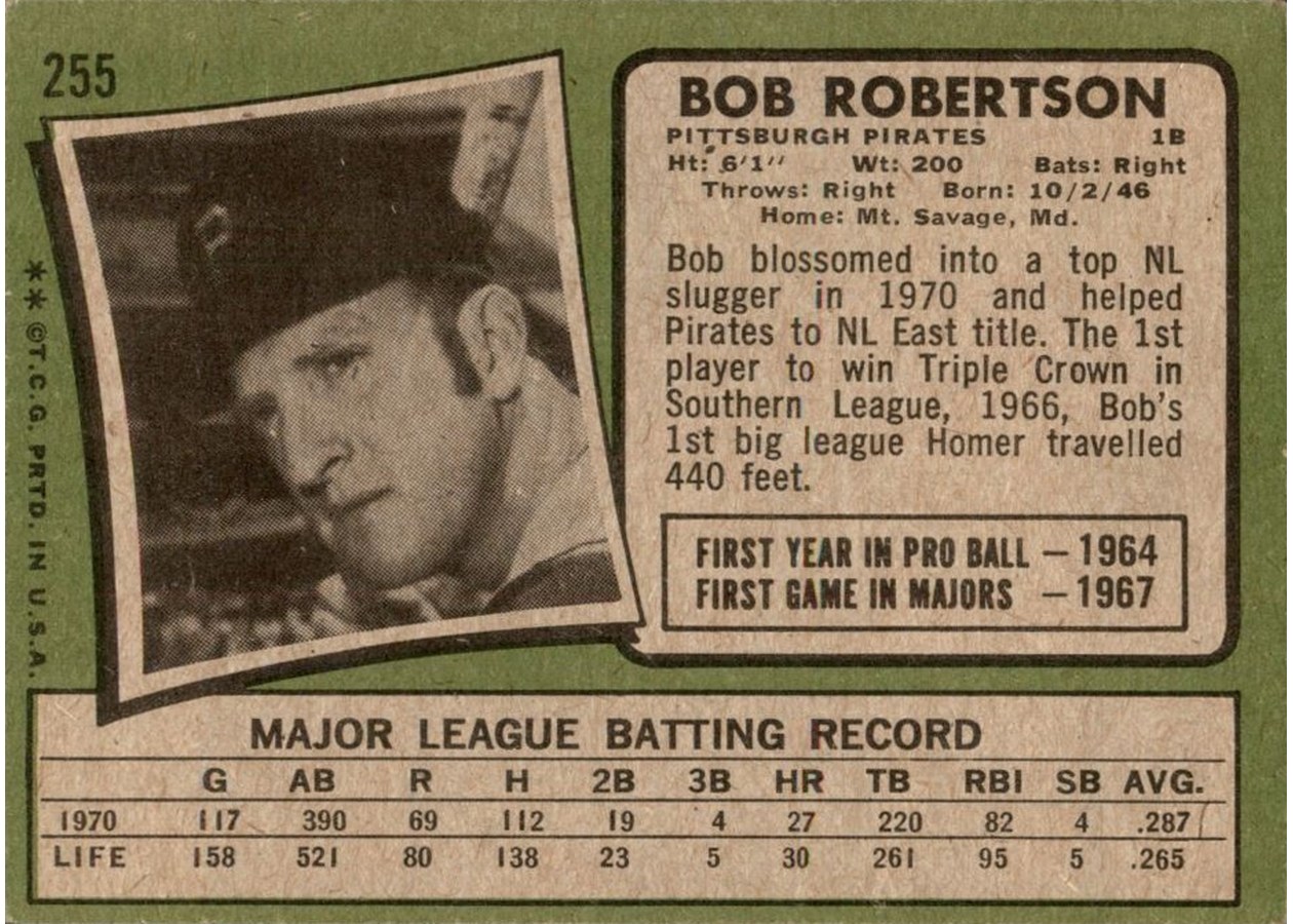 1971 Topps #255 Bob Robertson card back