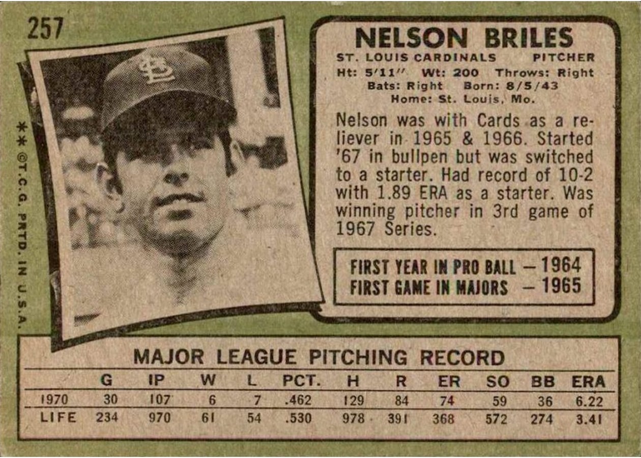 1971 Topps #257 Nelson Briles card back