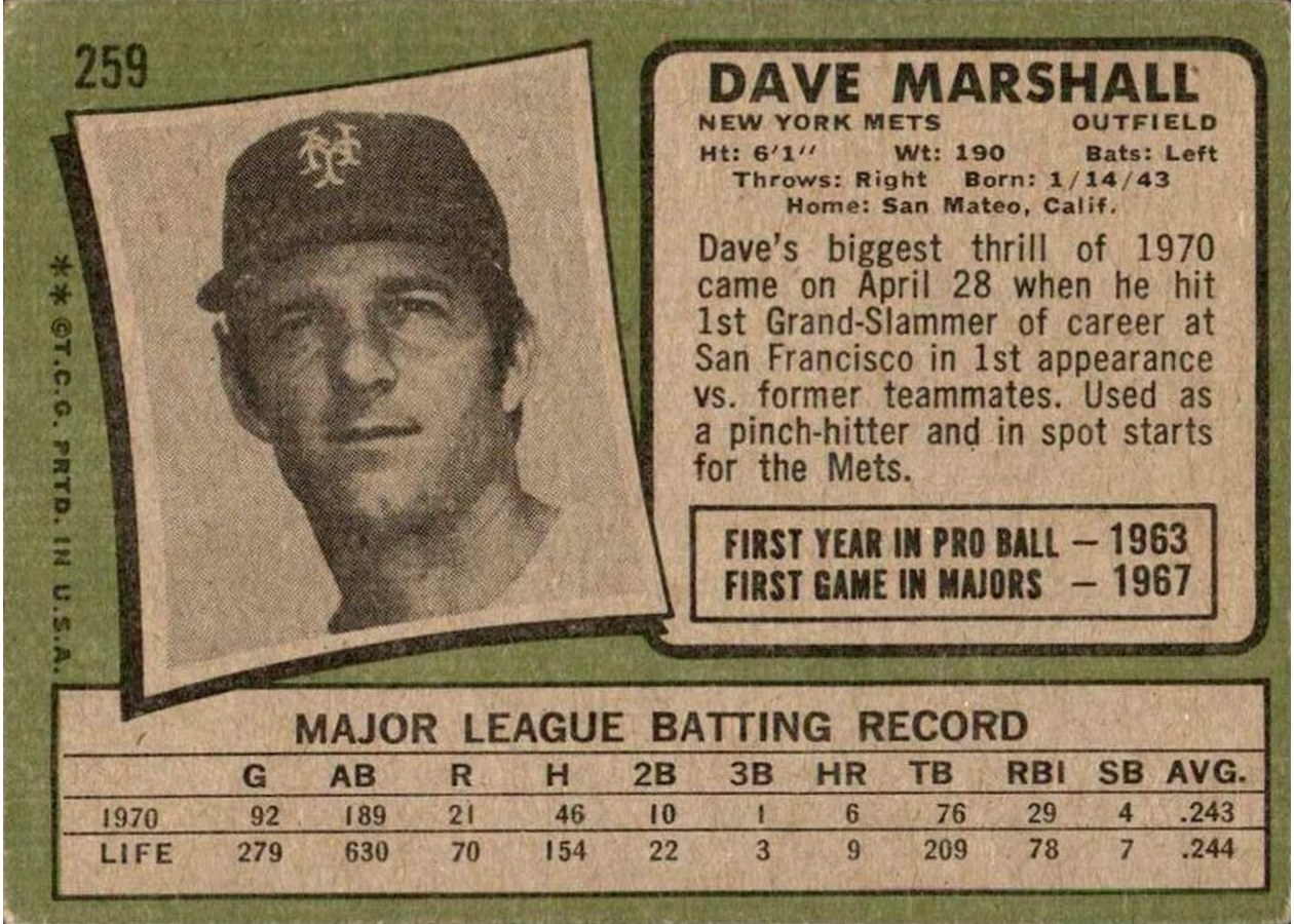 1971 Topps #259 Dave Marshall card back