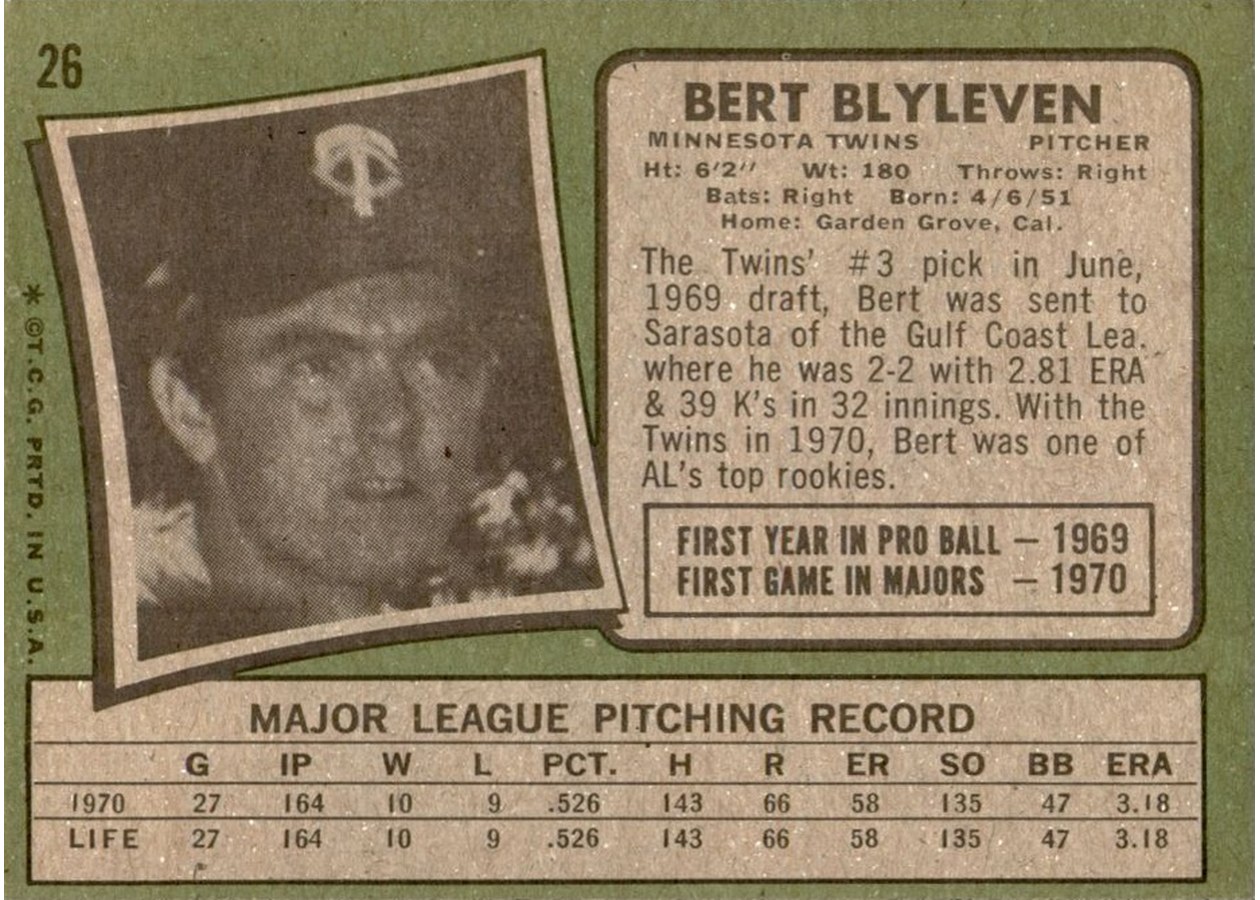 1971 Topps #26 Bert Blyleven card back
