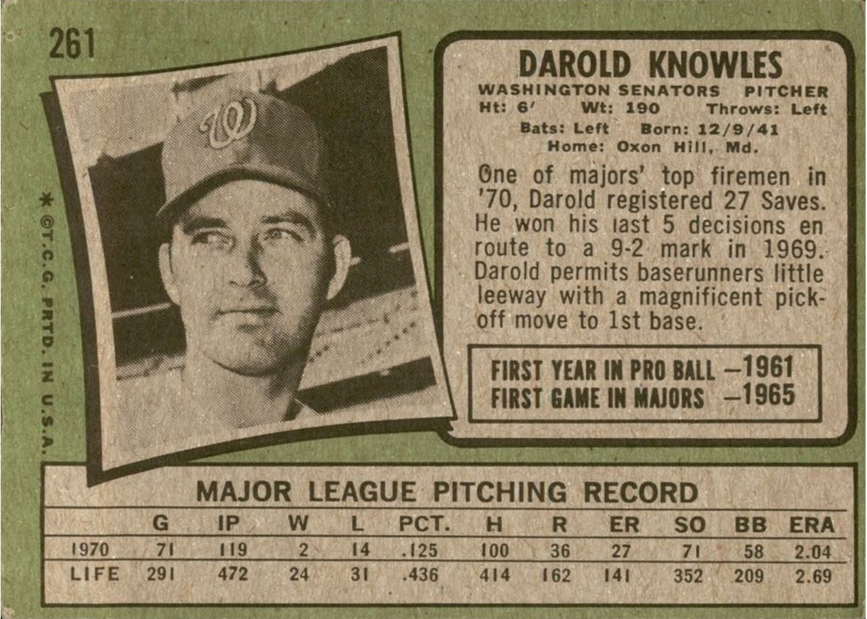 1971 Topps #261 Darold Knowles card back