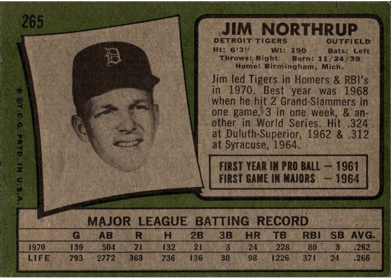 1971 Topps #265 Jim Northrup card back
