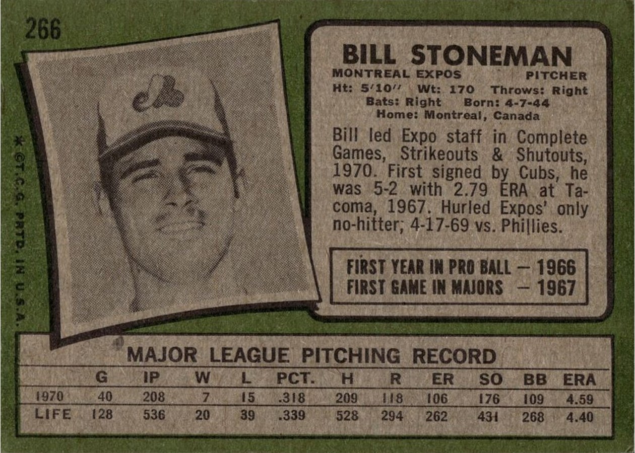 1971 Topps #266 Bill Stoneman card back
