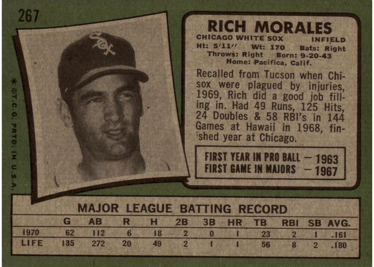 1971 Topps #267 Rich Morales card back