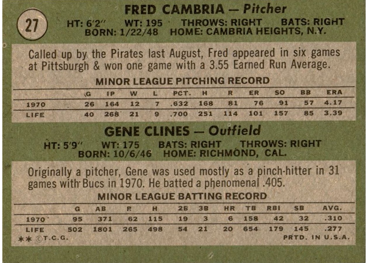 1971 Topps #27 Pirates 1971 Rookie Stars card back