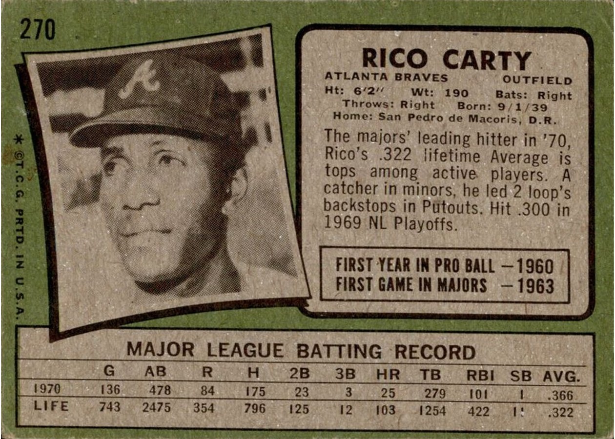 1971 Topps #270 Rico Carty card back