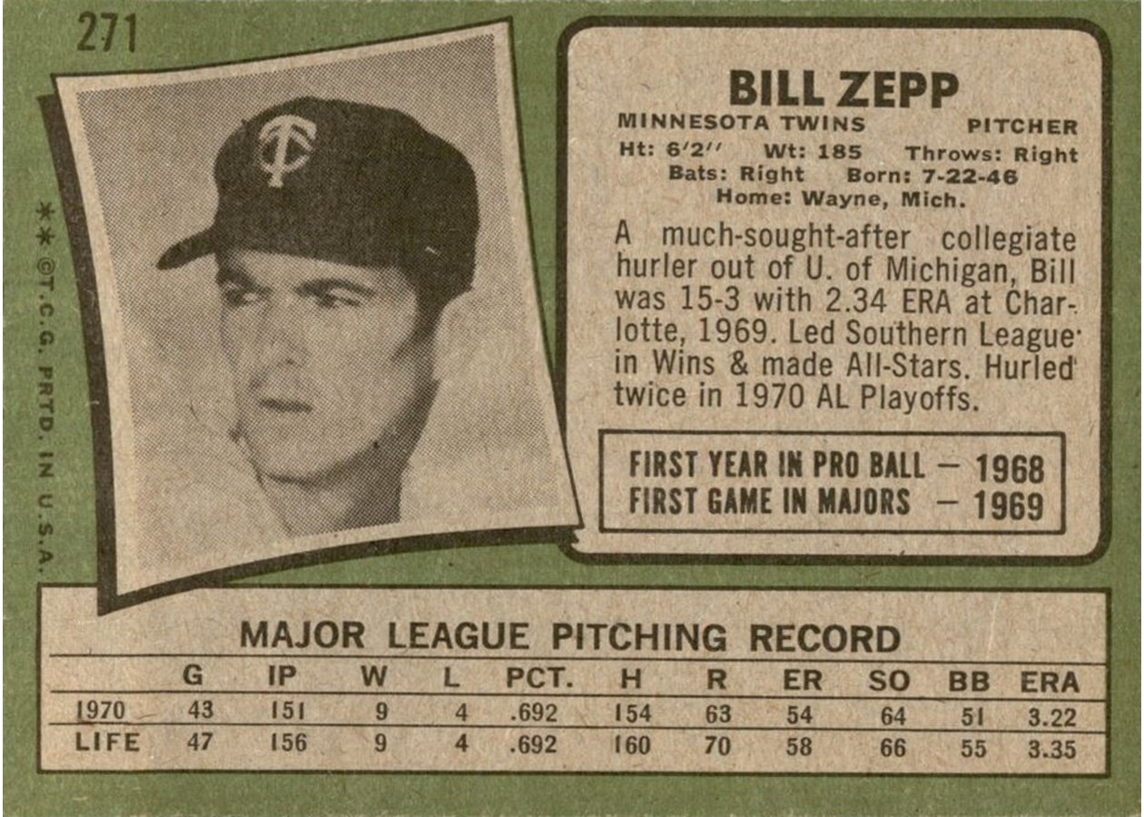 1971 Topps #271 Bill Zepp card back