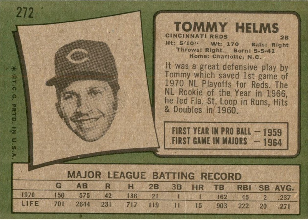 1971 Topps #272 Tommy Helms card back