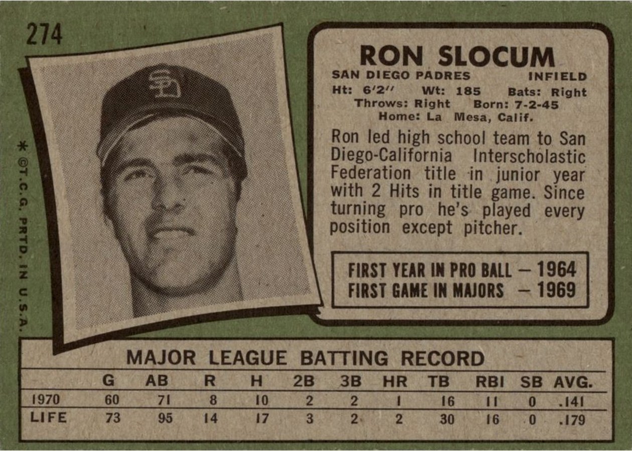 1971 Topps #274 Ron Slocum card back