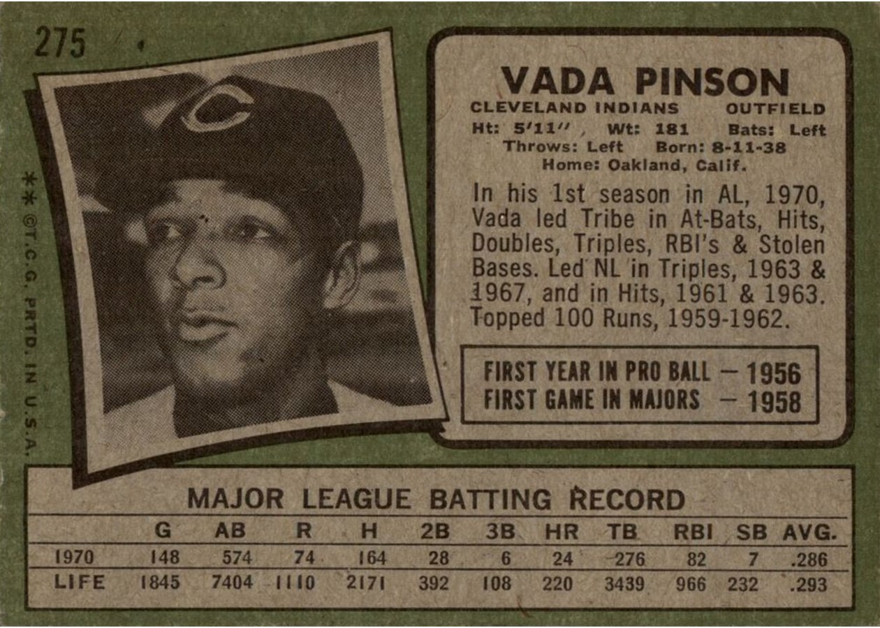1971 Topps #275 Vada Pinson card back