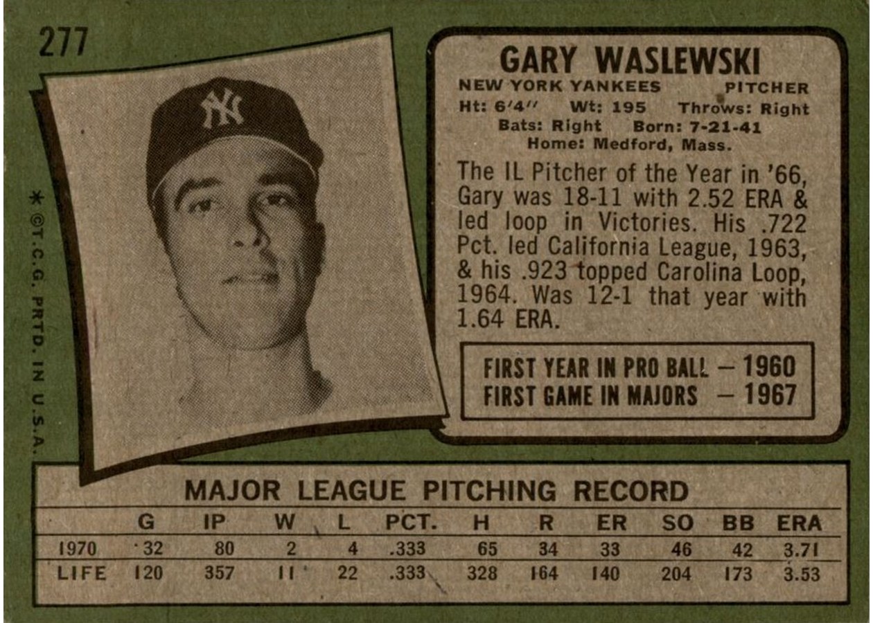 1971 Topps #277 Gary Waslewski card back